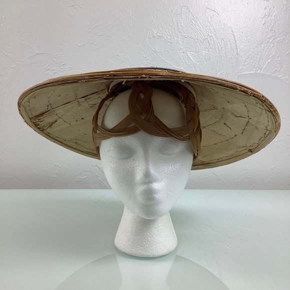 VTG Asian Wicker Bamboo Hat hand painted Gardening Beach Field Handmade SZ OSFM main image 12